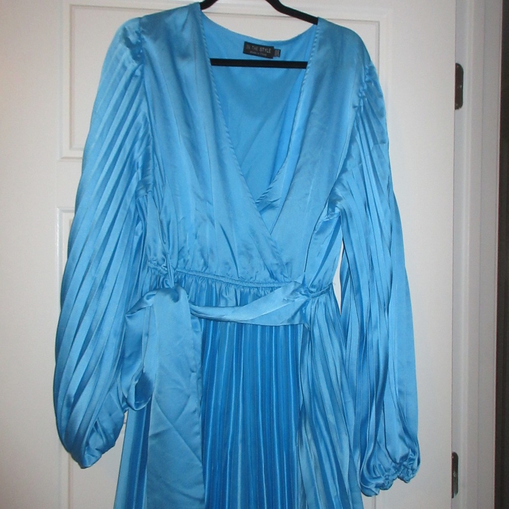 ASOS Bright Blue Long Sleeve Pleated Wrap Dress